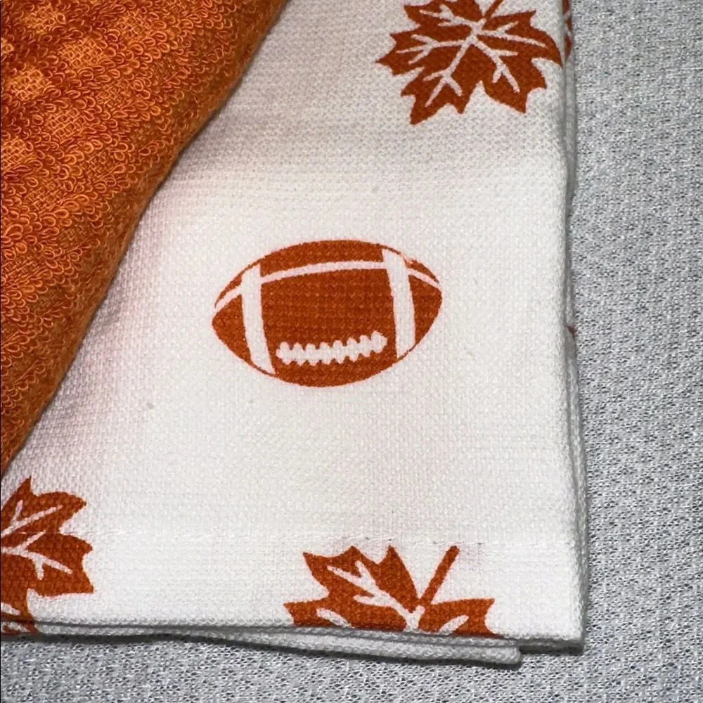 DC White Rust Caramel Brown Cotton Blend Fall Leaf Football Print Kitchen Towels
